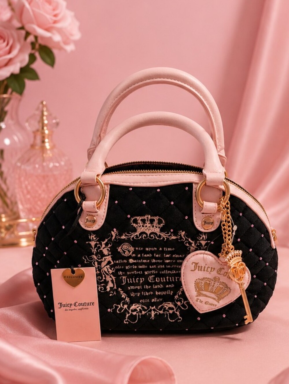 Juicy Couture Black Quilted Satchel with Pink Trim and Heart Key Charm